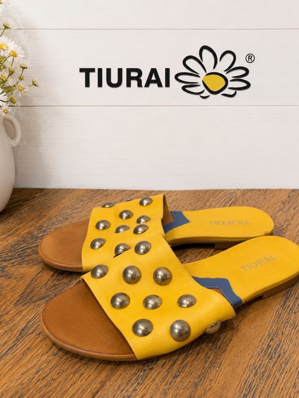 TIURAI Yellow Leather Studded Slide Sandals Size 39
